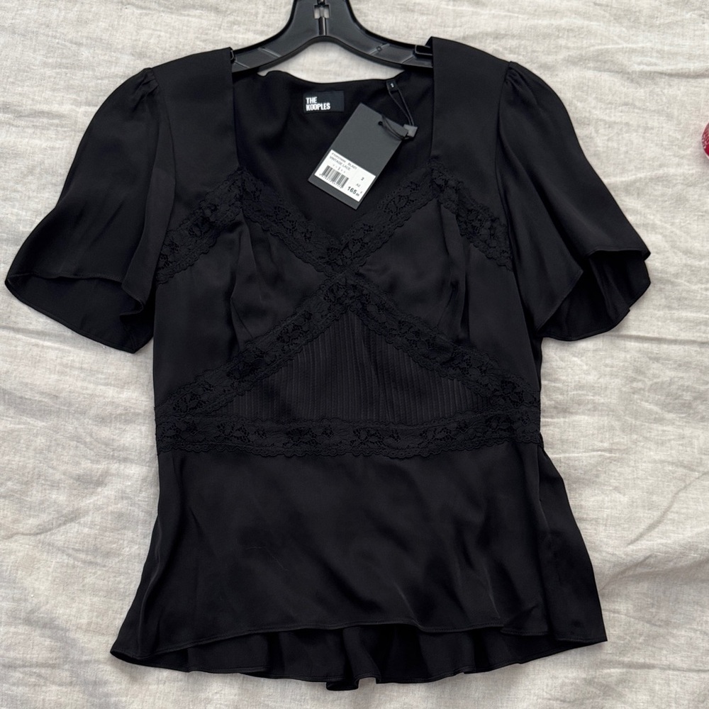 The Kooples Black Satin Blouse with Lace Accents, size 2/small